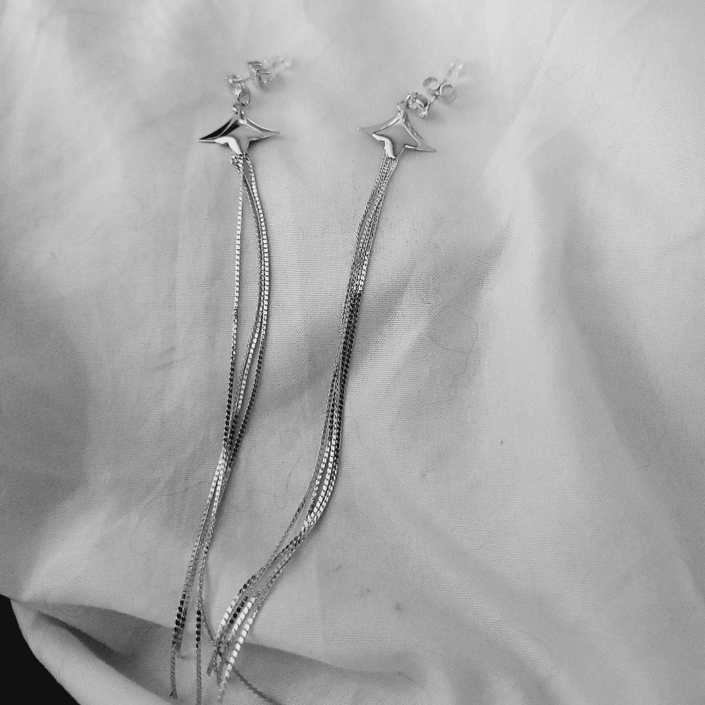 Earrings,  silver,  4 inch hanging streams of silver chains.
